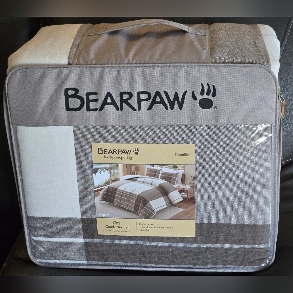 BEARPAW Aspen Plaid Reversible 3 Piece Comforter Set, King Size Taupe
